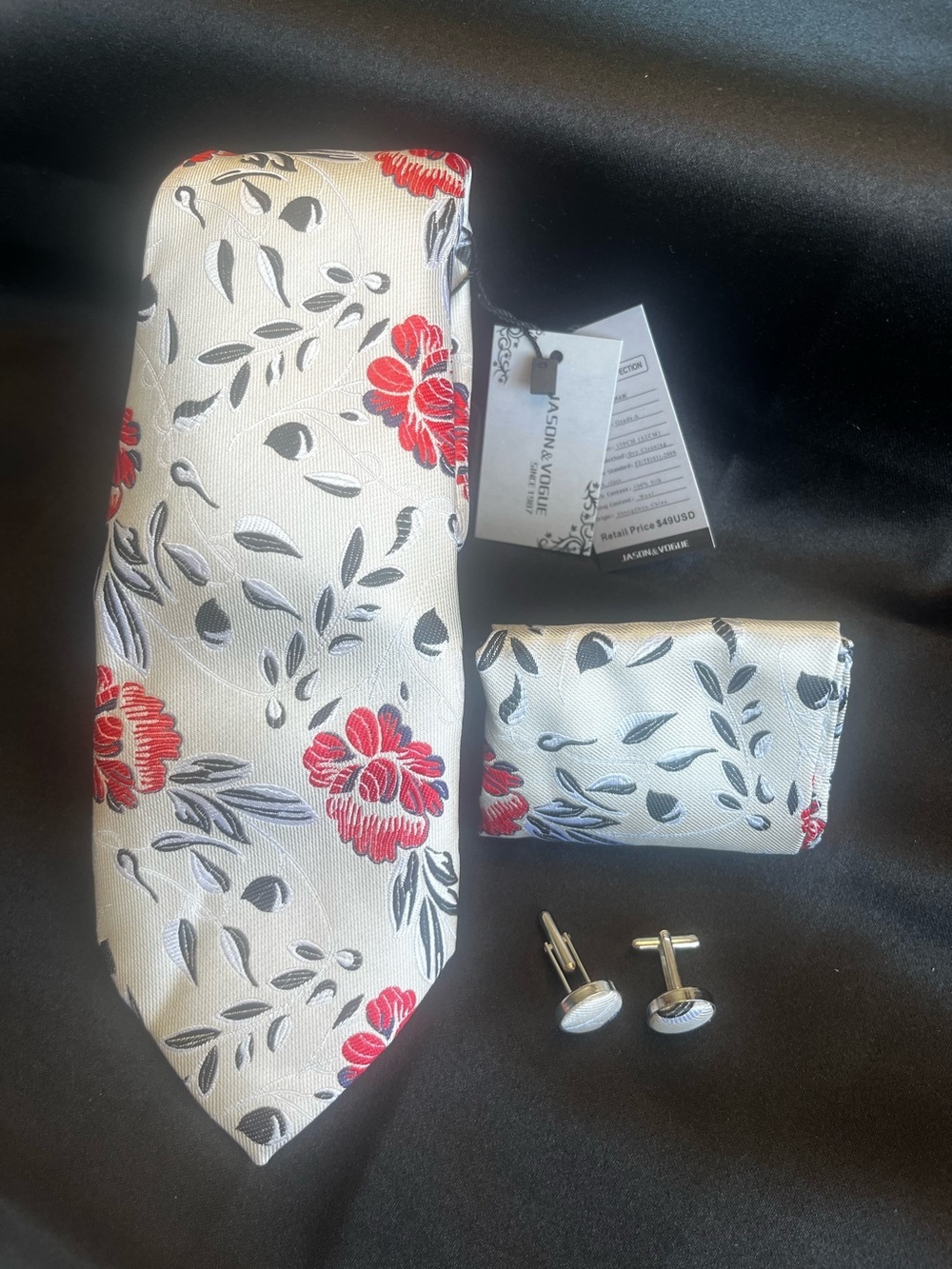Floral Ivory and Red Tie Set with Pocket Square and Cufflinks